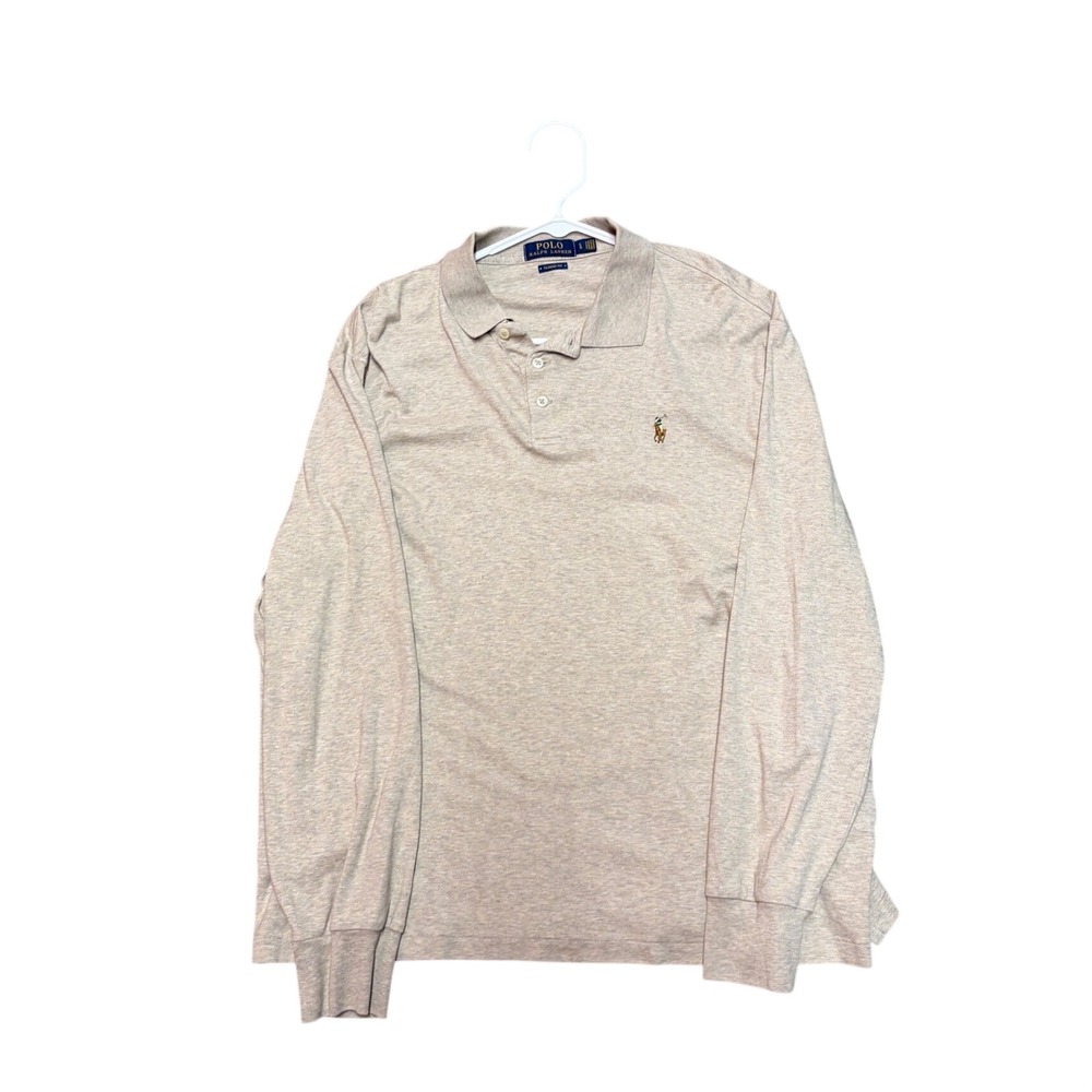 Polo Ralph Lauren Mens Long Sleeve Polo Shirt Heather Oatmeal Tan Classic Fit L
